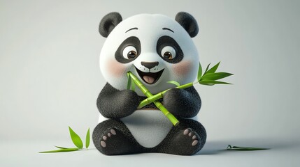 Fototapeta premium 3D render of a smiling panda sitting with crossed bamboo sticks and leaves.
