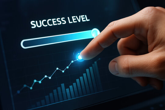 A hand interacts with a touchscreen displaying an upward graph and success level indicator symbolizing business strategy growth and decision-making efficiency - Powered by Adobe