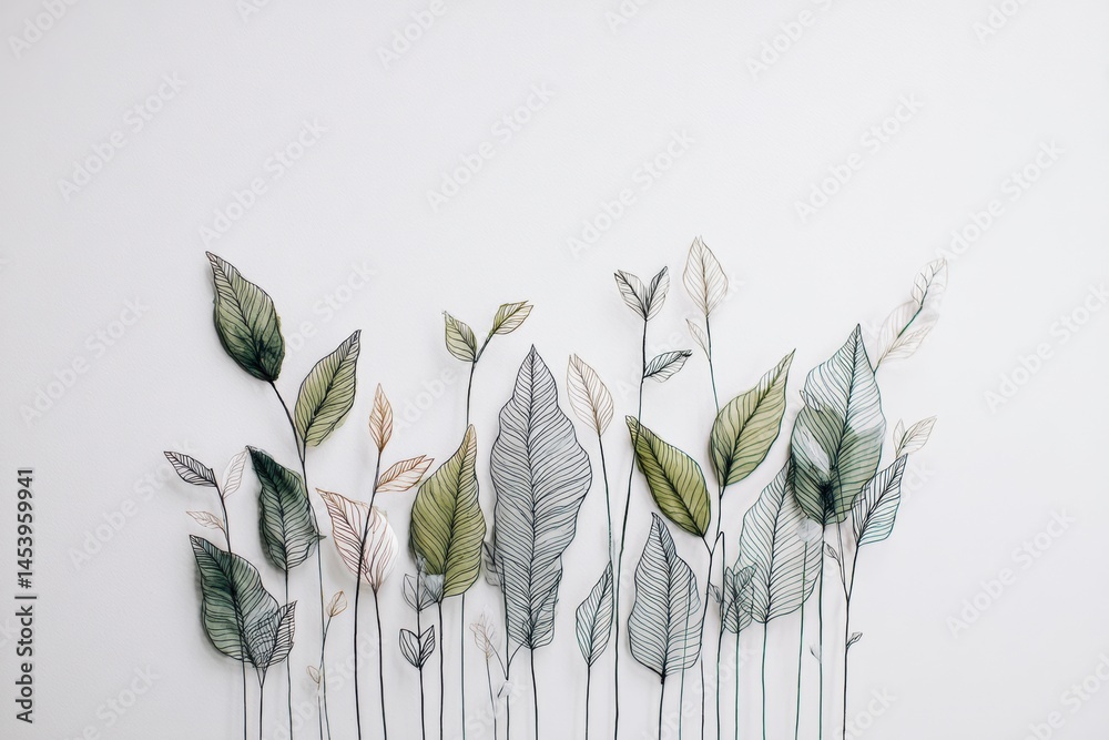 Aufkleber intricate hand-drawn botanical illustration of diverse leaves on a minimalistic white background gen
