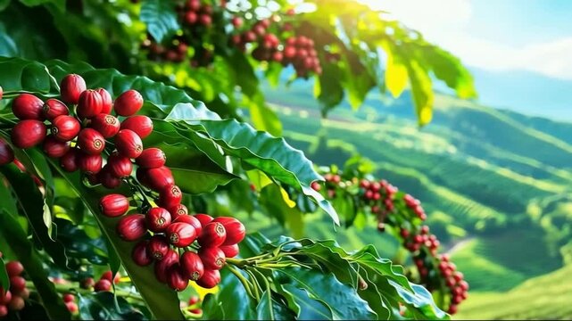 Red coffee beans on branches, coffee plantation hills, asian landscape background