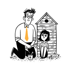 Obraz premium Hand-Drawn Illustration of a Man and Girl by a Wooden Birdhouse