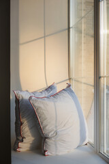 Two soft, cozy pillows are comfortably resting on a window sill, positioned directly in front of a beautiful, large window