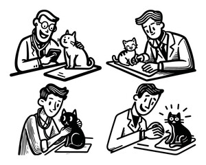 Charming Hand-Drawn Line Art Illustrations of Veterinarians and Cats