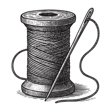 thread and needle woodcut engraving vector illustration