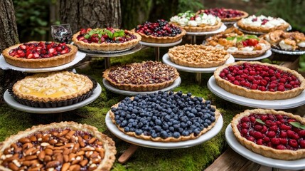 Fototapeta premium Assorted Freshly Baked Fruit Pies on Display at Outdoor Event Surrounded by Nature