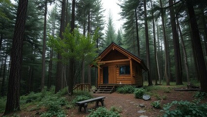 Gem&uuml;tliche Blockh&uuml;tte im Wald, umgeben von hohen B&auml;umen &ndash; ideal f&uuml;r Natururlaub, R&uuml;ckzug und Entspannung.