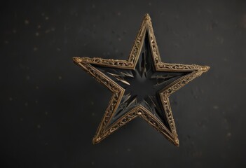 Ornate gold star cut-out, matte black background, simple, matte