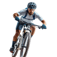 Cyclist on a mountain bike isolated on white png mountain biker action pose png athlete on trail bike png outdoor sports cyclist png transparent background image