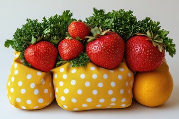 Fresh strawberries and parsley nestled in yellow polka-dot pouches, alongside an orange
