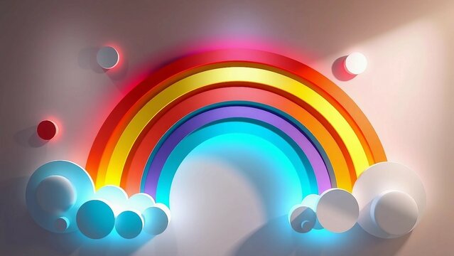 Abstrakter 3D-Regenbogen mit bunten B&ouml;gen und kreisf&ouml;rmigen Elementen vor hell beleuchtetem Hintergrund.