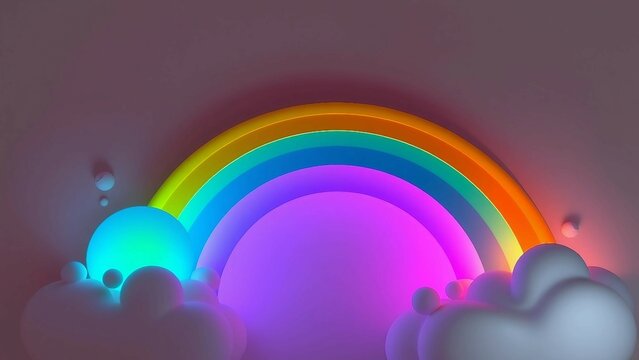 Abstrakter 3D-Regenbogen mit bunten B&ouml;gen und kreisf&ouml;rmigen Elementen vor hell beleuchtetem Hintergrund.