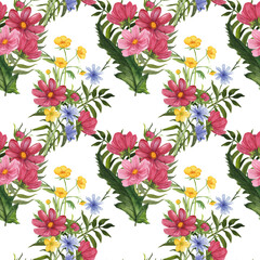 Seamless watercolor pattern featuring cosmos, buttercups, and cornflowers. Perfect for spring and summer designs, textiles, and home decor.