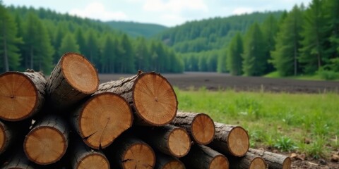 Stacked Logs in a Verdant Forest Setting, Offering a Tranquil and Natural Scene of Rural Forestry