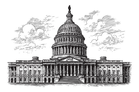 capitol building government woodcut engraving vector illustration