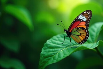 Fototapeta premium A Vibrant Butterfly Perched Gracefully on a Lush Green Leaf in a Tranquil Natural Setting
