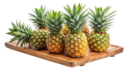 Several Fresh Pineapples Arranged on a Wooden Cutting Board with Trensprent  Background png