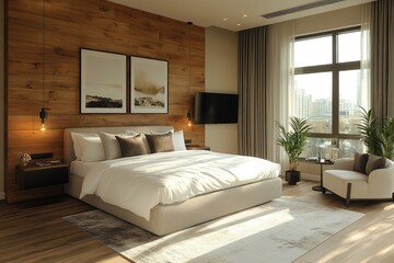 Modern bedroom interior with wooden accents.