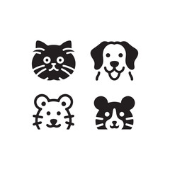 Fototapeta premium Cute pet icons: cat, dog, mouse, and a tiger.Set of four simple, black and white pet icons, featuring a cat, dog, mouse, and a tiger.