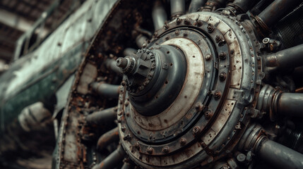 A large, rusted engine part with many screws and bolts
