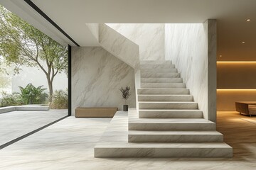 Obraz premium Modern interior design with marble staircase and patio view.