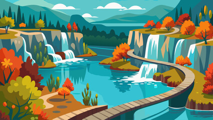 A beautiful landscape with a river and waterfalls. The water is blue and the trees are orange