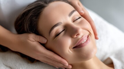 Fototapeta premium A woman lies on a soft surface, her eyes closed and a content smile on her face. A therapist gently massages her head, creating a calming atmosphere in a serene spa setting