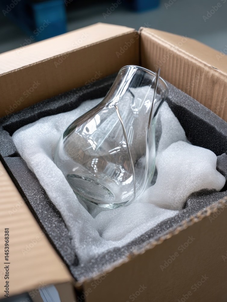 Aufkleber Fragile Glass Object Securely Packed in Foam Within a Sturdy Cardboard Box for Safe Transport and Delivery Generative AI