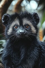 Obraz premium Binturong portrait. Dark fur, prominent whiskers, focused gaze with orange eyes