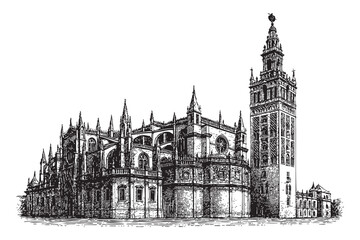  Seville Cathedral, Spain woodcut engraving vector illustration
