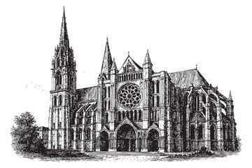 Fototapeta premium Chartres Cathedral, France woodcut engraving vector illustration