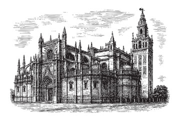 Fototapeta premium Seville Cathedral, Spain woodcut engraving vector illustration