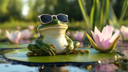 Digital illustration of a frog wearing sunglasses sitting on a lily pad in a pond.