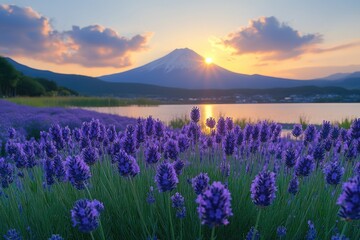 Fototapeta premium Serene lavender field panorama at sunrise with mountain backdrop.
