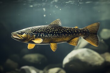 Fototapeta premium A brown trout swimming underwater with rocks visible at the bottom of the murky water body scene