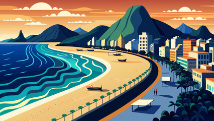 A beautiful beach scene with a city in the background. The ocean is calm and the sky is orange