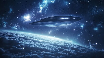 Obraz premium Digital illustration depicts a sleek, dark aircraft soaring through a star-filled nebula landscape.