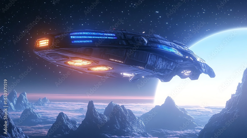 Canvas Prints 3d render of a dark spaceship hovering above jagged mountains in a starry, alien landscape.