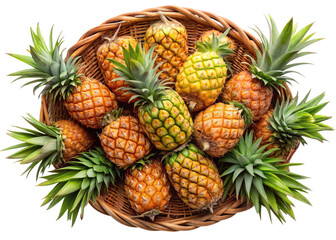 Abundance of fresh ripe pineapples in a rustic wicker basket on white