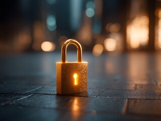 Fototapeta premium Golden Padlock with Glowing Keyhole on Dark Background