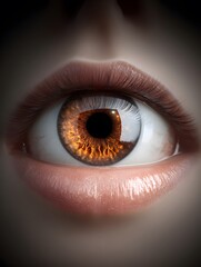 Naklejka premium Close-Up of a Human Eye With Vibrant Amber Iris Inside the Woman's Mouth 