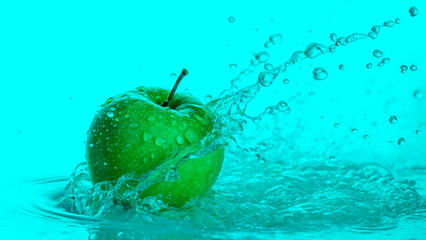 A ripe red apple, a healthy and delicious fruit, drops into fresh water with a splash