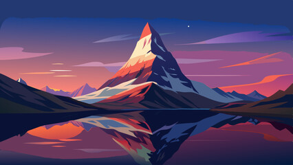 A mountain with a snow covered peak and a lake in the foreground. The sky is a mix of blue and orange hues