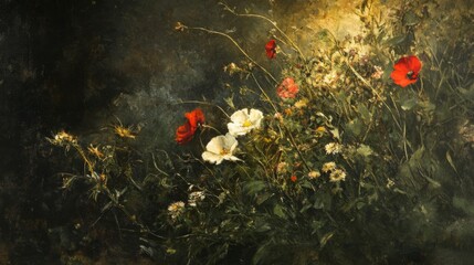 Vibrant Red and White Wildflowers in Dark Garden Painting