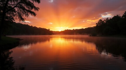 Obraz premium Peaceful Reflections: A Lake's Serenade at Dusk