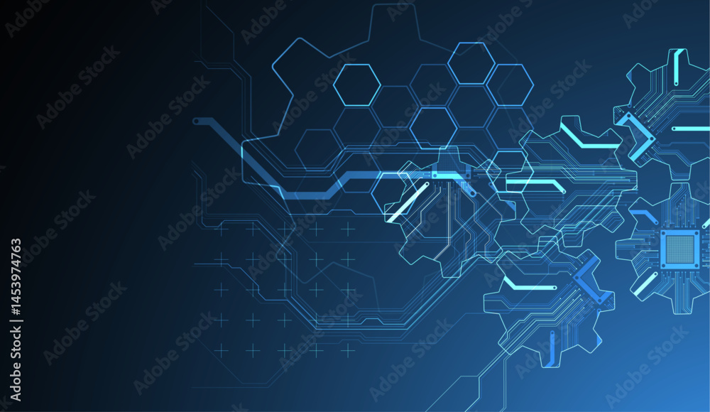 Poster Stylized view of gears integrated with microcircuits. Concept of combining mechanics and electronics. Vector