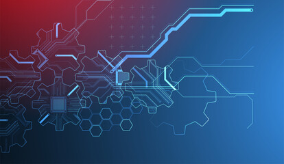 Stylized view of gears integrated with microcircuits. Concept of combining mechanics and electronics. Vector