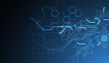Stylized view of gears integrated with microcircuits. Concept of combining mechanics and electronics. Vector