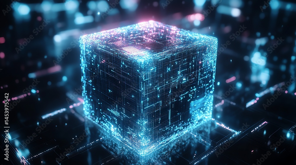 Wall mural 3d render of a glowing, intricately-detailed cube overlaid with digital circuitry and light particle