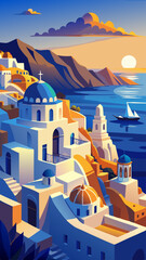 A beautiful painting of a town with a boat in the water. The painting captures the essence of a seaside town with its charming buildings and the boat sailing in the distance. The colors are vibrant