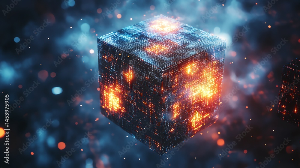 Wall mural 3d render of a dark cube with glowing orange circuitry suspended in a nebula-like background.